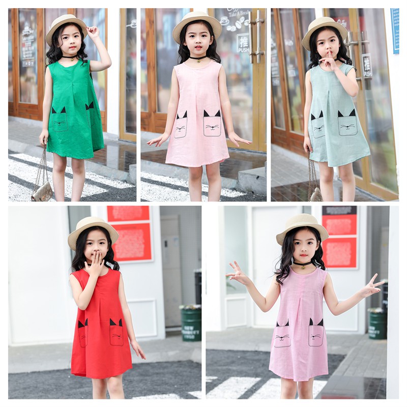 [LF] Đầm Cotton + Linen Không Tay Thời Trang Xuân Hè Cho Bé Gái 100-160cm