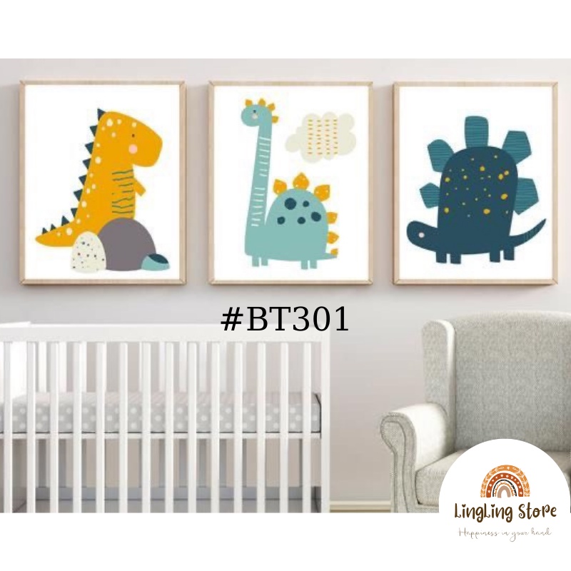 Bộ 3 tranh khung kính treo tường, phòng ngủ cho bé trai ngộ nghĩnh BT301-309 (tặng kèm đinh treo tranh)