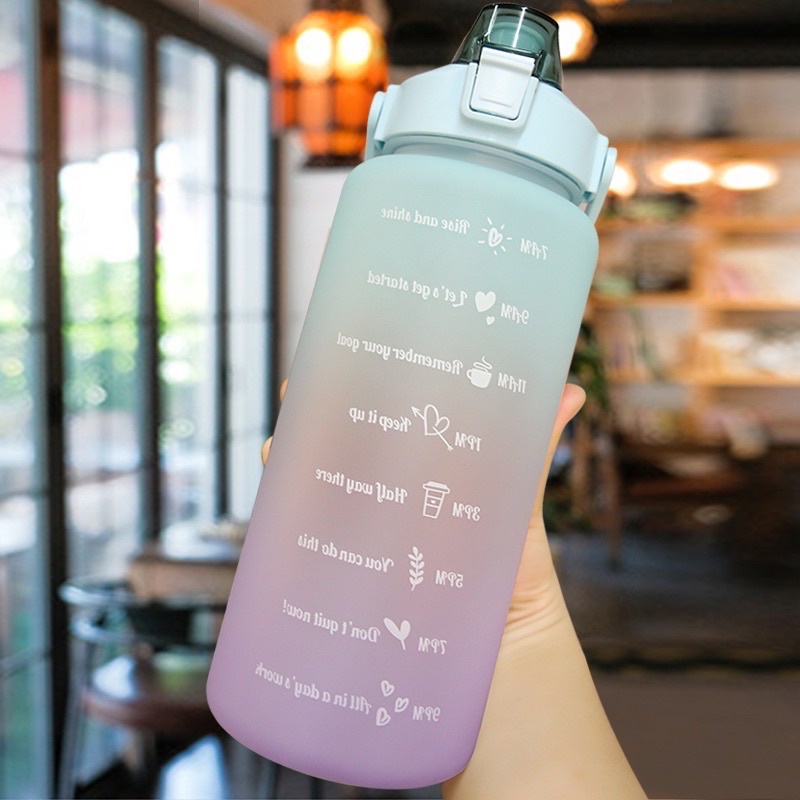 Bình nước 2 lít tặng Sticker dành cho người lười uống nước Fan House bình nước cute 2L có ống hút, vạch chia nhắc giờ