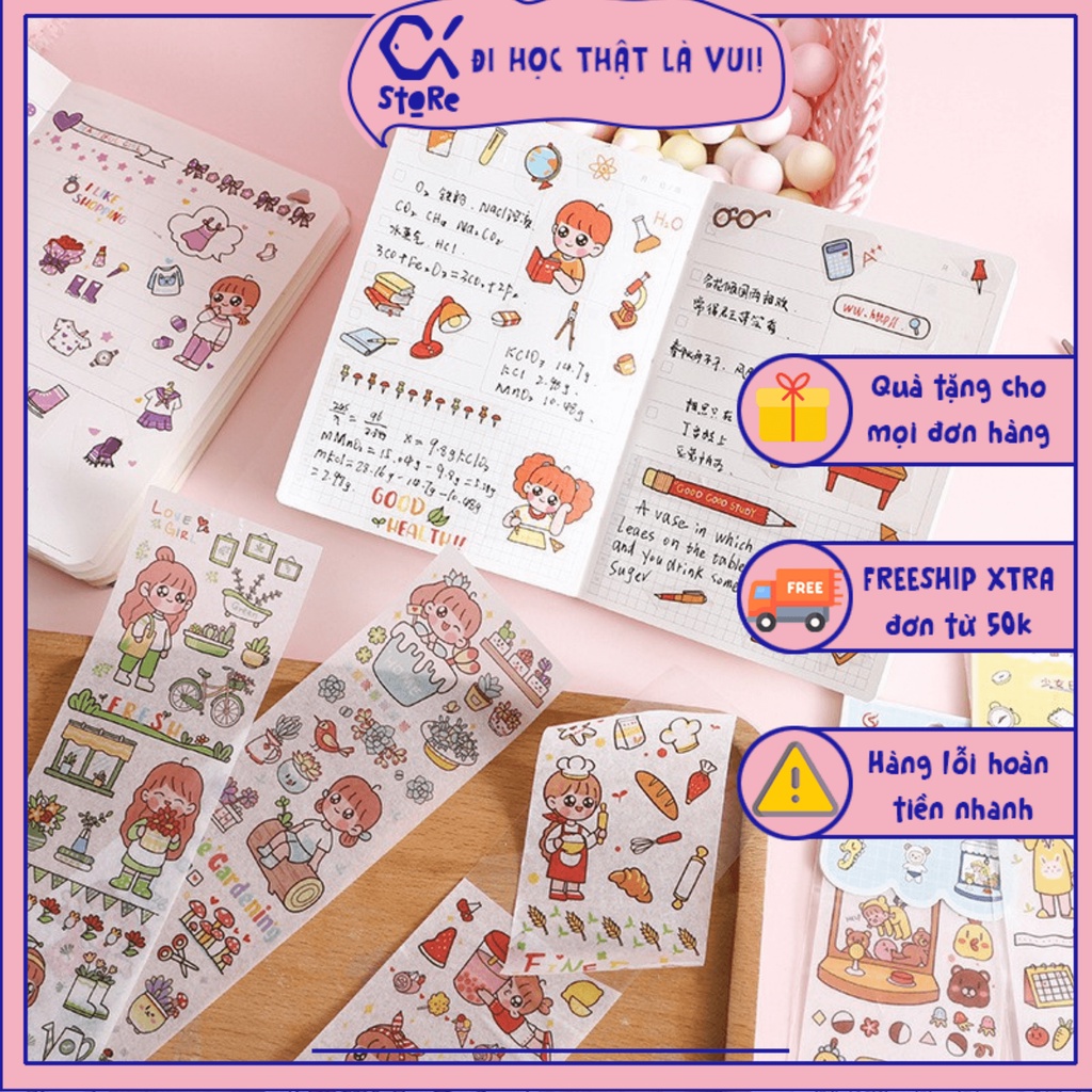 Tập sticker tự cắt hoạ tiết siêu dễ thương, dùng để trang trí sổ, kệ bàn học, sticker phong cách Hàn Quốc siêu bám