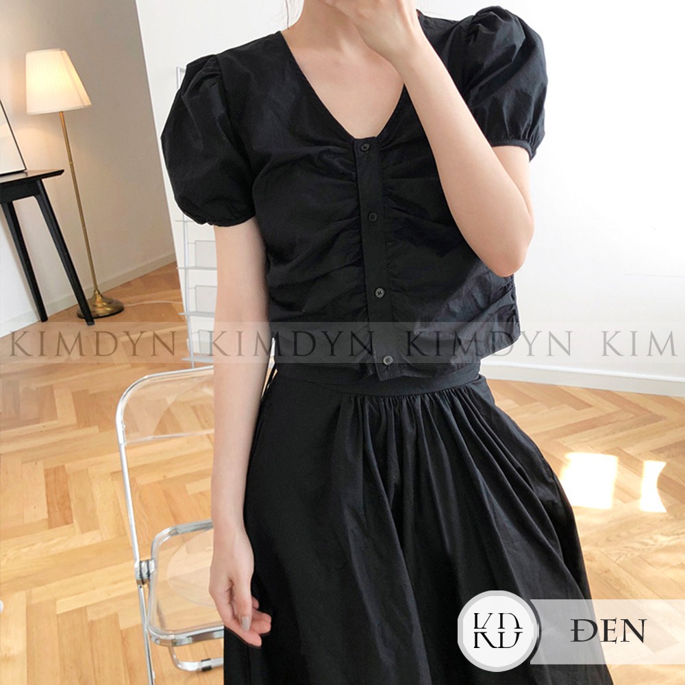 Áo croptop tay phồng Hàn Quốc áo sơ mi kiểu nhún 3 màu KimDyn