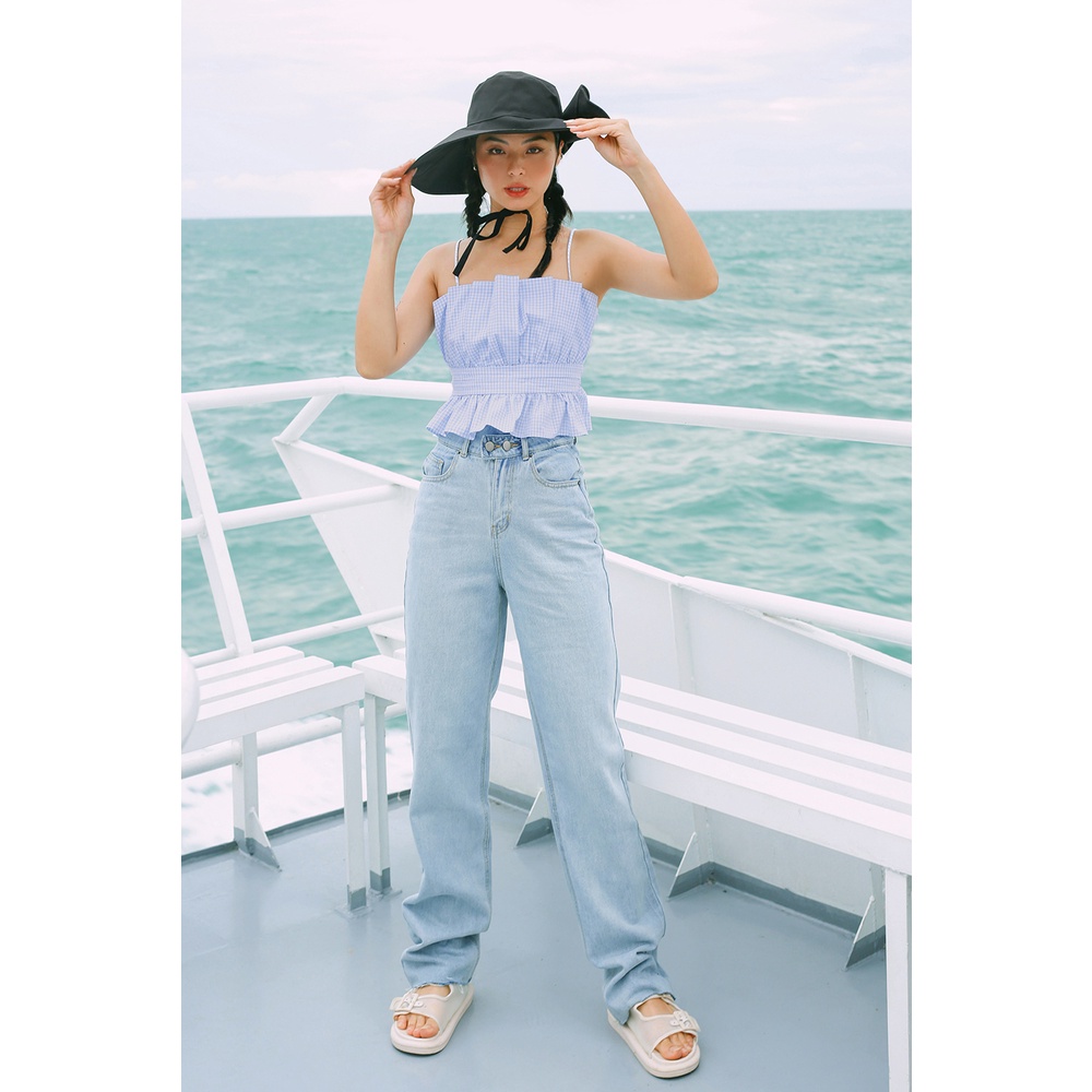 Quần jeans ống suông cài nút xéo MIEU - HA12