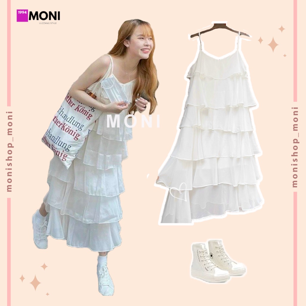 Đầm maxi tầng 2 dây phối bèo màu trắng bồng bềnh chât voan mát (CÓ MÚT)