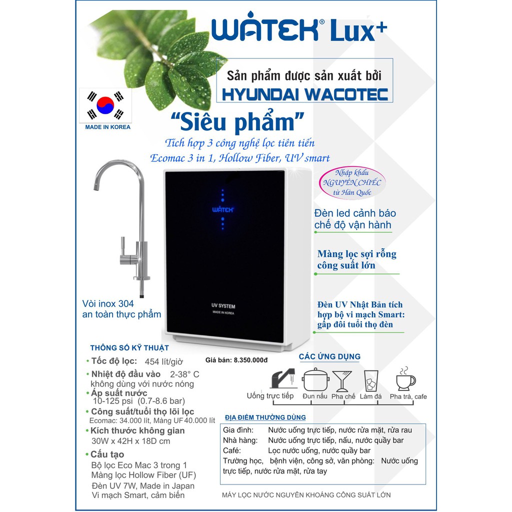 [Máy lọc nước Watek LUX+] - Công Nghệ UF Nano - Diệt khuẩn Ưu Việt - Kính Cường Lực Sang Trọng - Thế Giới Lọc Nước