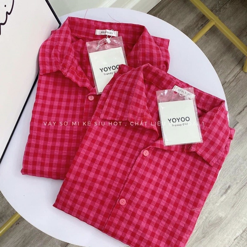 Váy kẻ caro hồng, Váy bầu sơ mi công sở cực xinh cho các chị em size 40-70kg