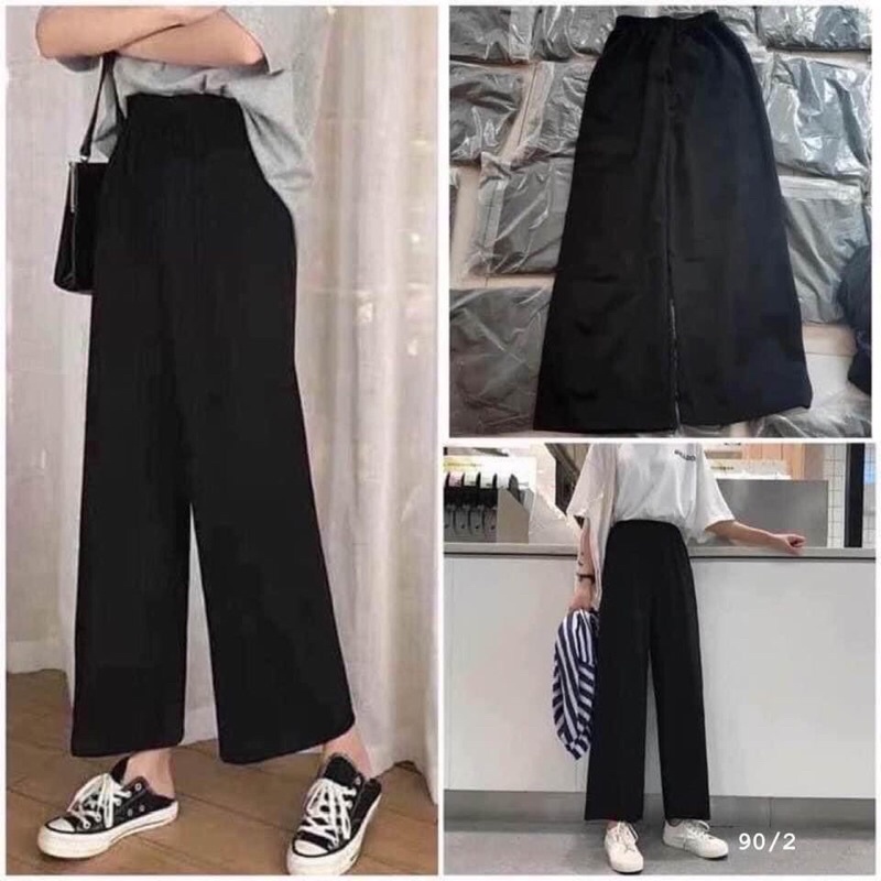 Quần Ống Suông Cạp Chun, Quần Ống Rộng Nữ Màu Đen Ulzzang