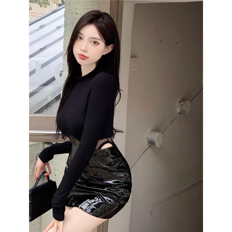 Áo thun dài tay bó sát thiết kế lưới khâu jumpsuit mùa hè