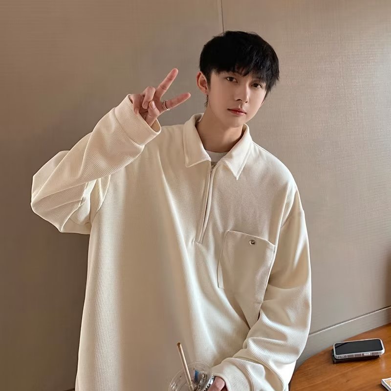 Korean Version Half Zipper Lapel All-match Sweater Men's Ins Tide Brand Fashion Waffle Long-sleeved Polo Shirt Loose Casual Jacket