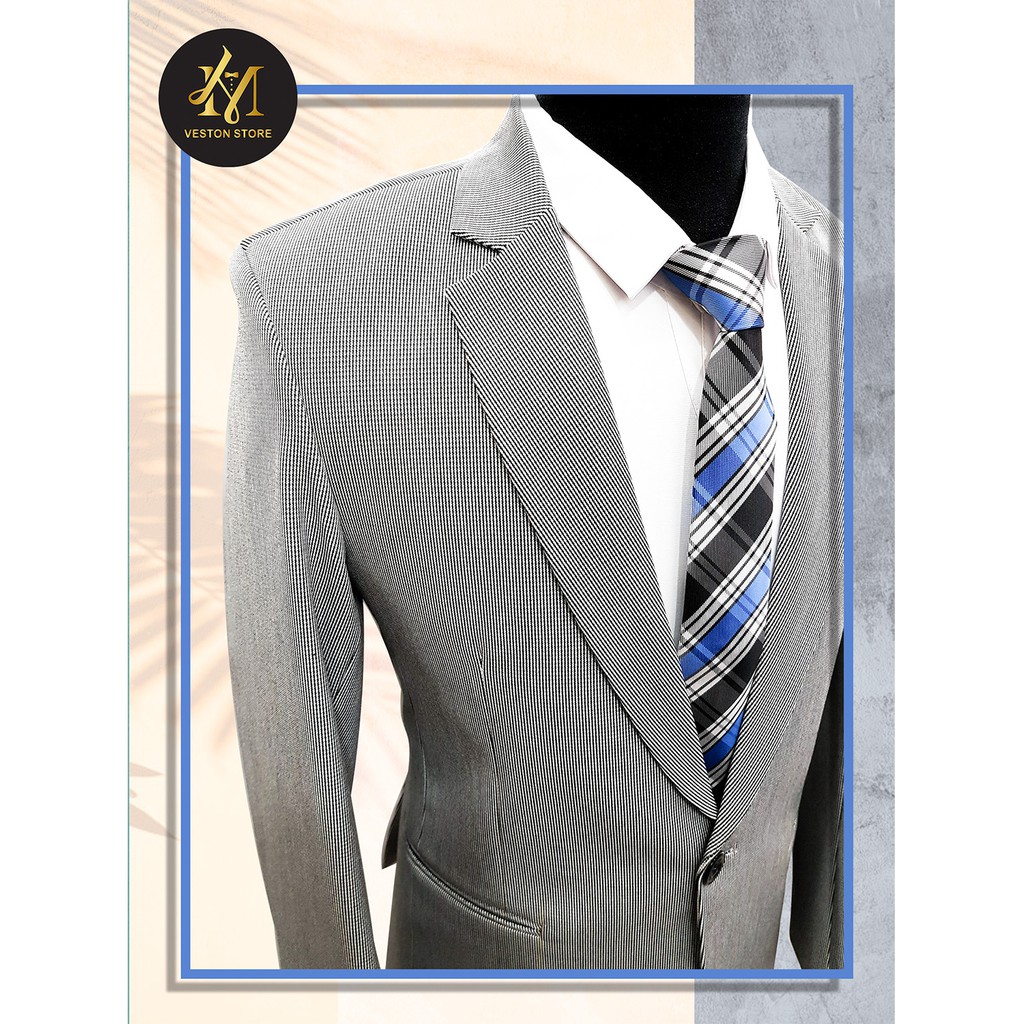 Bộ vest nam tông xám ghi chấm đen nhuyễn chất liệu vải cao cấp dày mịn co giãn tặng combo phụ kiện
