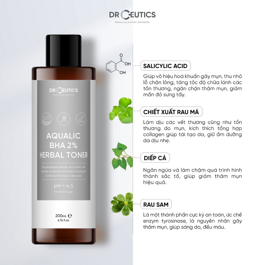 DrCeutics Toner BHA 2% Dung Dịch Làm Sạch Và Tẩy Da Chết, Giảm Mụn Cân Bằng Da Nhập Khẩu Chính Hãng