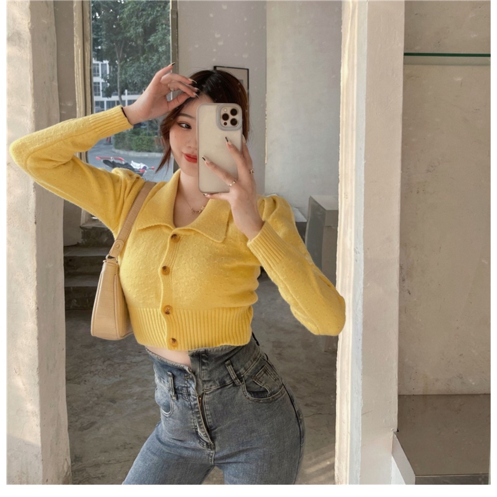 Áo cardigan ZHELIHANGFEI dệt kim tay dài cổ bẻ dáng ôm eo cao kiểu Pháp quyến rũ