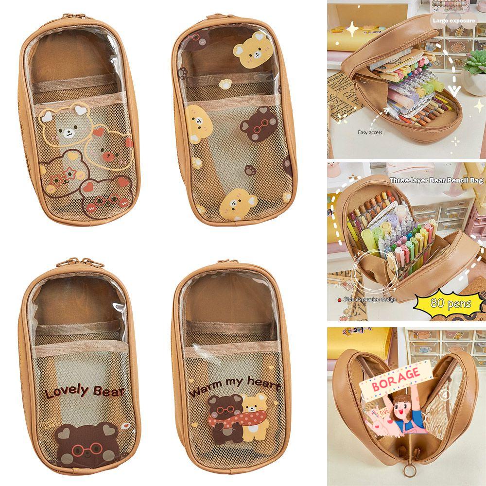Túi Đựng Bút Trong Suốt Ba Ngăn Họa Tiết Gấu Hoạt Hình