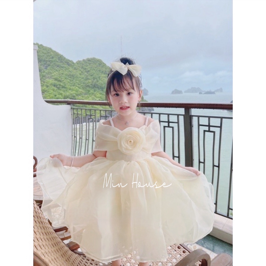 (8-20kg) Váy đầm voan xòe công chúa rớt vai hoa hồng mặc đi tiệc cực tiểu thư cho bé gái 👧