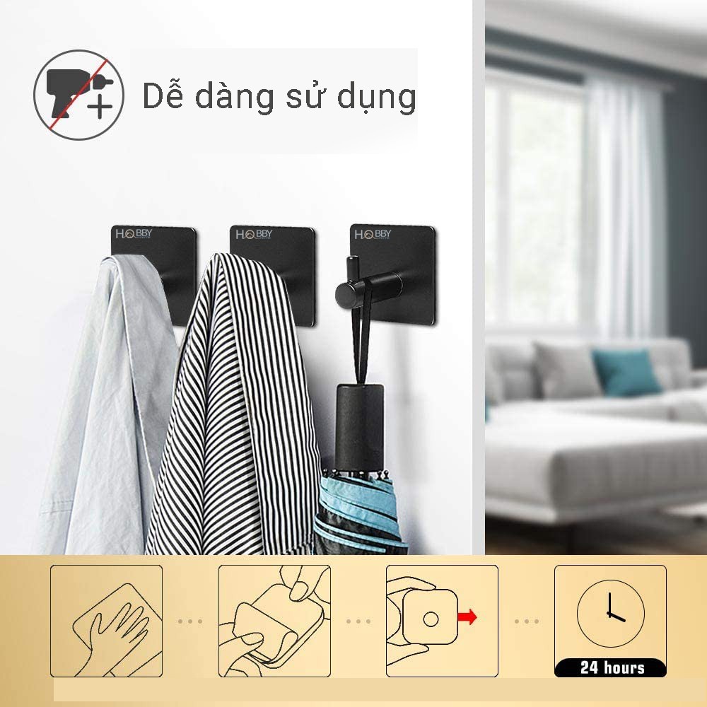 [Mã LIFEHLSALE2 giảm 10% đơn 0Đ] Combo 4 móc Inox 304 HOBBY Home Decor 160D-4 màu đen dán tường gạch men, kính