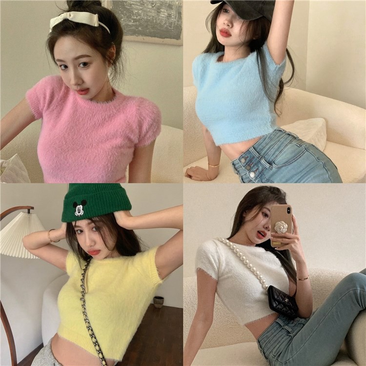Áo croptop tay ngắn cổ tròn vải bông ôm body hở bụng rốn ulzzang ( 4 màu )