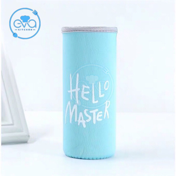 Bình Nước Thủy Tinh In Chữ  Hello Master 480ML có dây xách Kèm Võ Bọc Vải Neoprene