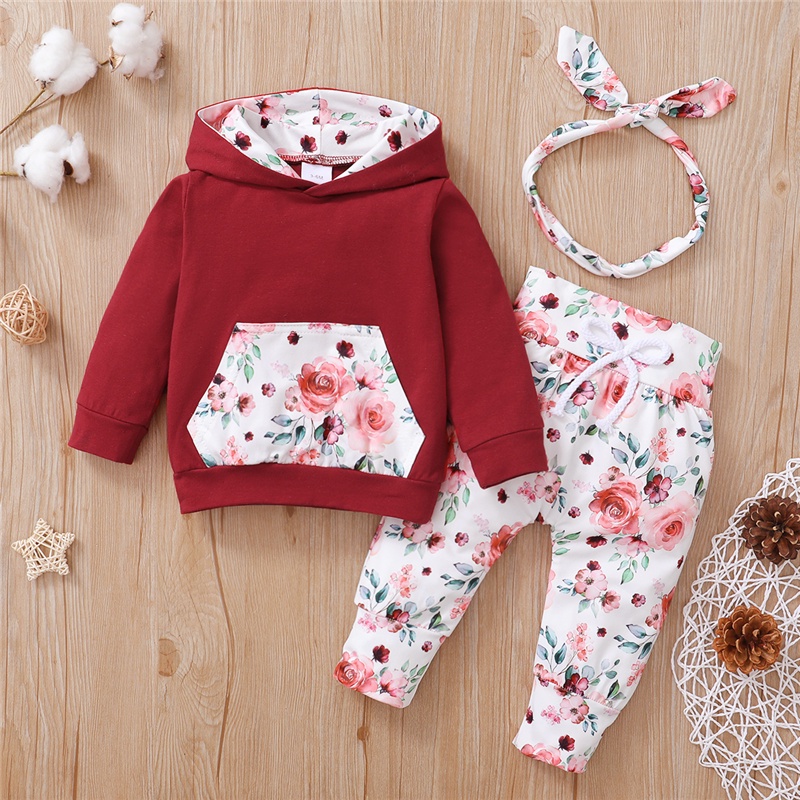 Set đồ 3 món Mikrdoo gồm áo hoodie vải cotton tay dài màu đỏ quần dài và băng đô nơ hoa xinh mùa thu dành cho bé