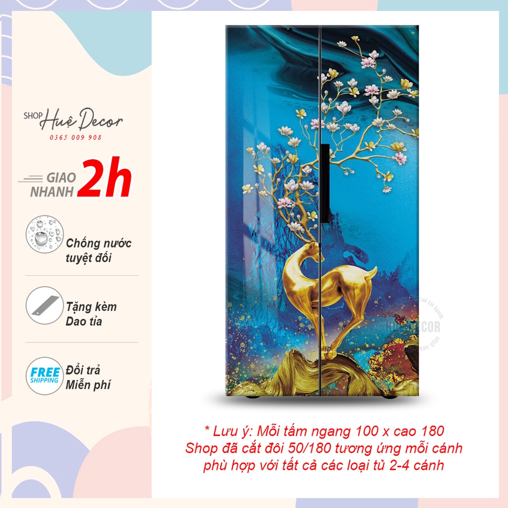Decal dán tủ lạnh 2 cánh, 4 cánh hươu vàng phong thủy hue decor, chống nước siêu bền, chất lượng, giá rẻ