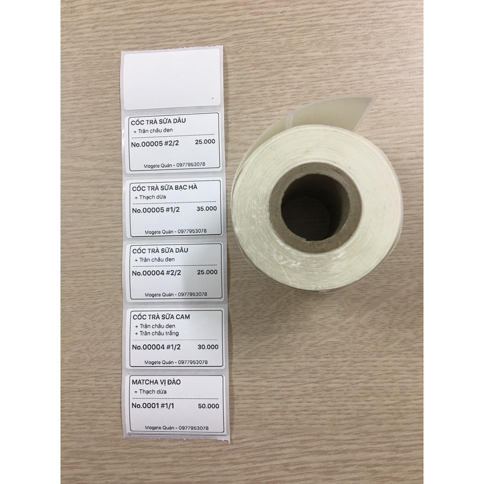Giấy Decal nhiệt 50x30 mm x 30m, Decal Trà sữa 50x30 mm x 30m, Giấy in mã vạch tem nhãn, tem phụ 50x30 mm x 50m