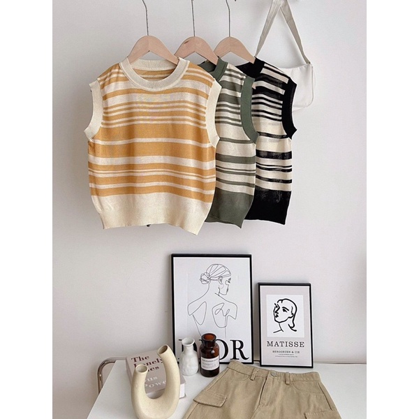 [Ảnh thật/Video]Áo mongtogi sát nách kẻ nhỏ Mina hàng Quảng Châu Áo len ba lỗ loại đẹp