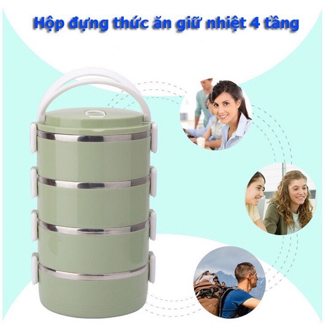 Hộp Cơm Giữ Nhiệt, Cặp Lồng Cơm Giữ Nhiệt Lúa Mạch 4 Tầng Ruột Inox