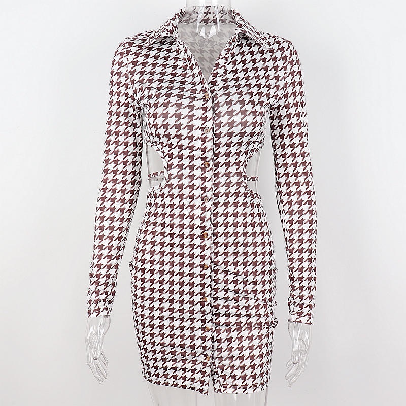 DUNEA Đầm cổ bẻ thắt dây in họa tiết houndstooth thời trang cho nữ
