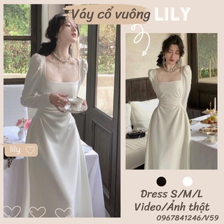 Váy nữ thiết kế cổ vuông tay dài LILY, Đầm nữ dáng dài cổ vuông tiểu thư đi tiệc, đi cưới sang chảnh màu đen,kem
