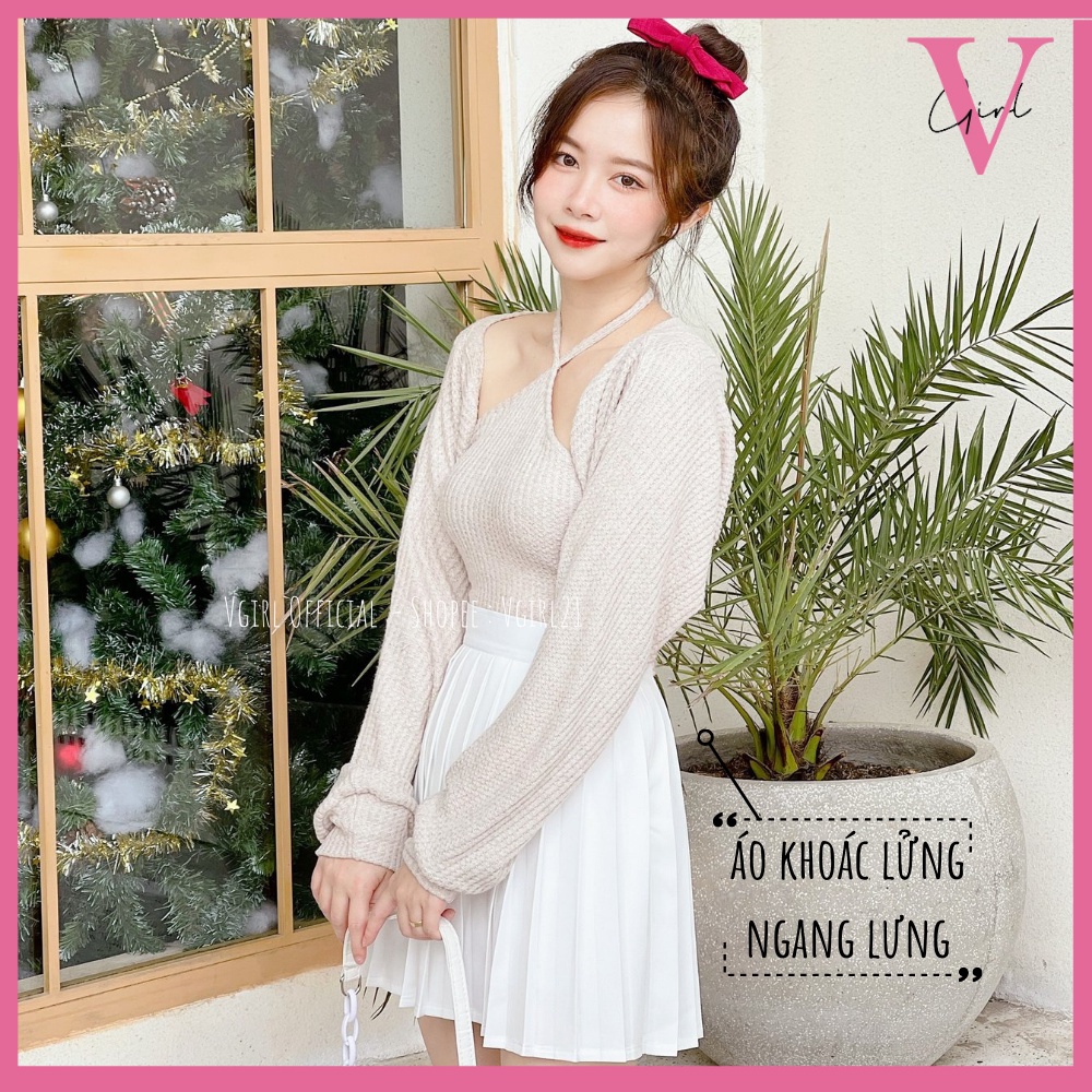 Set áo croptop cổ yếm VGIRL kèm áo khoác cardigan tay bồng khoác lửng chất len mềm [ẢNH ĐỘC QUYỀN]