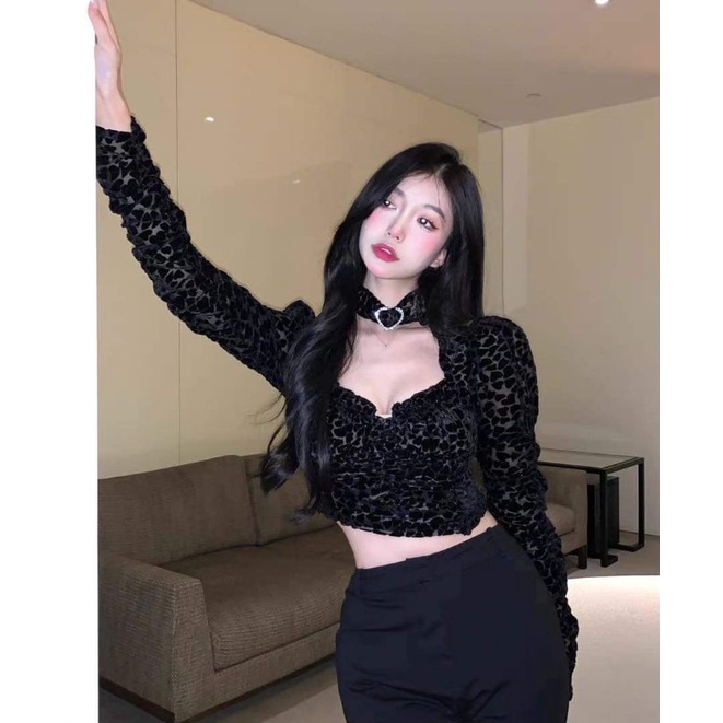 áo croptop da báo choker sexy đen cúp ngực dài tay ôm body