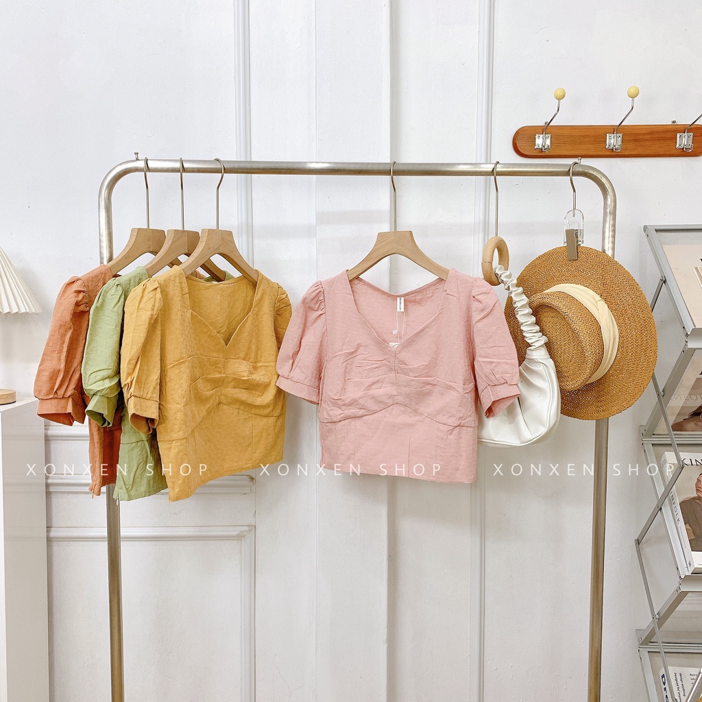 ÁO KIỂU NỮ áo kiểu croptop cổ tim dễ thương XONXEN SHOP freesize mã 3311