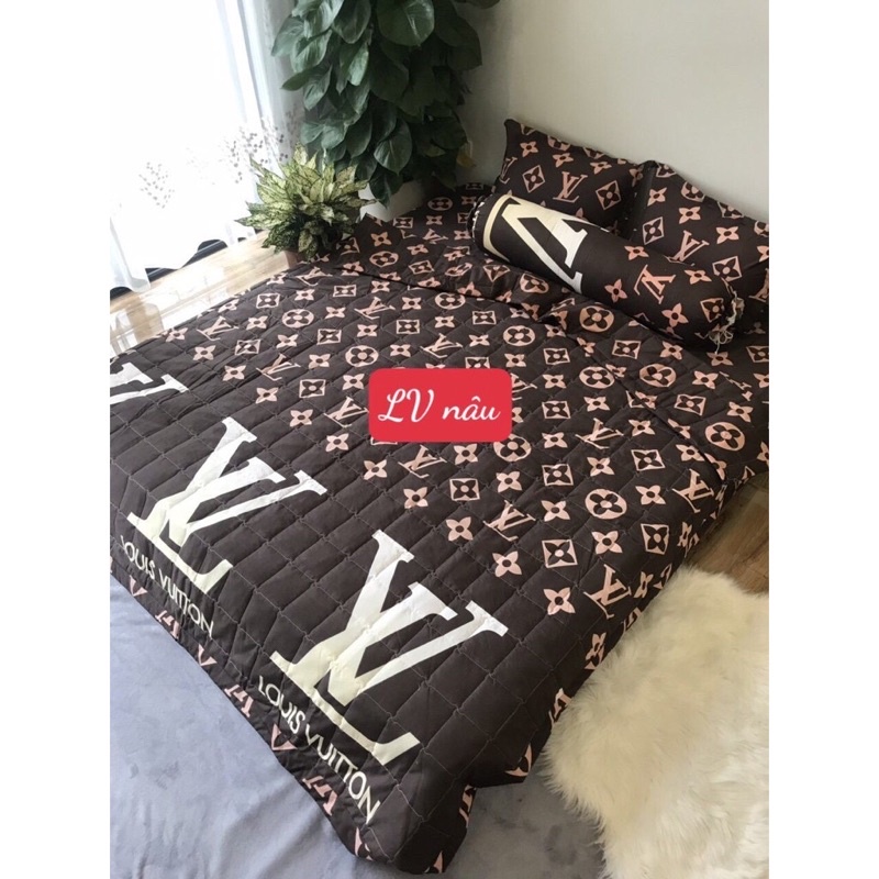 Bộ chăn ga gối 5 món cotton poly mẫu LV nâu đủ size