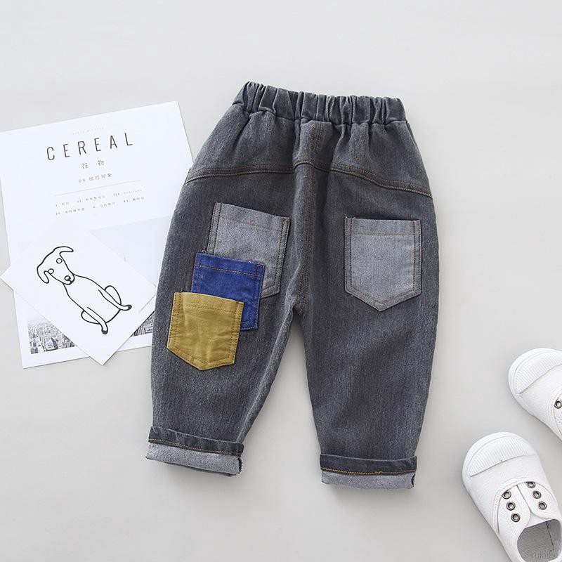 ruiaike  Kids Children Boy Pocket Design Pants Jeans Casual Elastic Waist Trousers For 1-5 Years Old