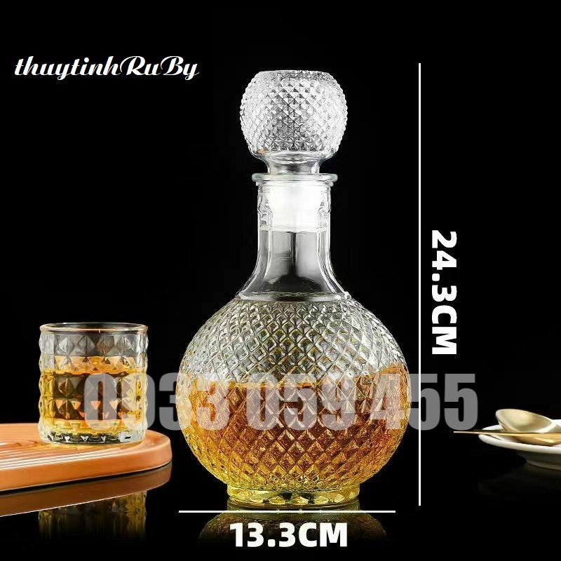 Bộ Bình Rượu Thủy Tinh Kim cương Bầu dục (kèm ly) Bình Chai Ngâm Rượu Nhân Sâm