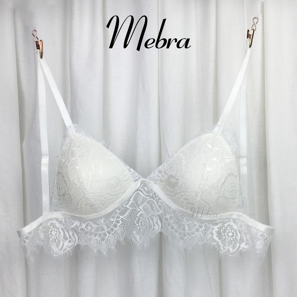 Áo Bralette không gọng, mút mỏng kết hợp chân ren sexy, gợi cảm, sang trọng ren hoa trắng lông mi Mebra CR035