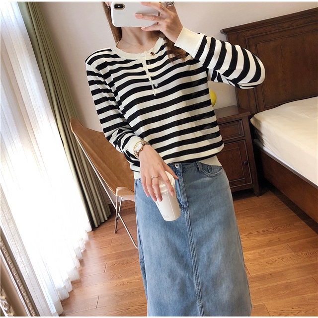 【ZHELIHANGFEI】Áo Len Tay Dài Form Rộng Họa Tiết Kẻ Sọc Hợp Thời Trang Dễ Phối Đồ