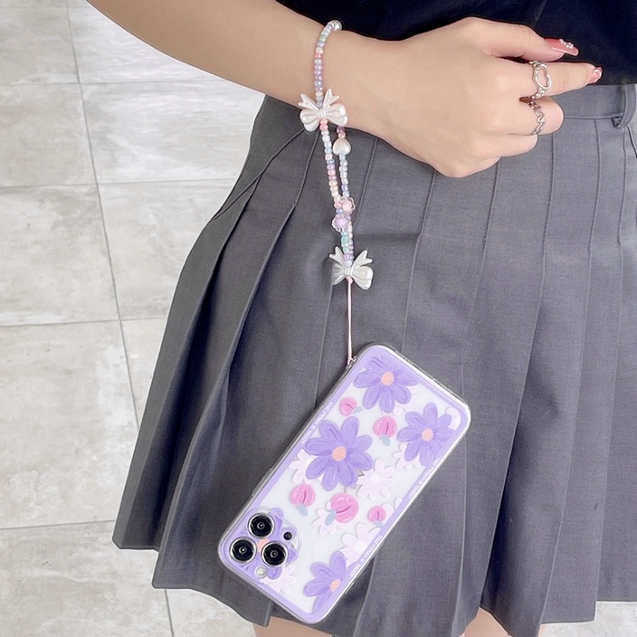 Samsung Galaxy M52 Note 20 Ultra S20 S10 Lite 10 Plus 8 9 4G 5G Cute oil painting Flowers Cherry Peach with Bow Chain Straight Edge Fine Hole Tpu Shockproof Anti-fall Clear Soft Phone Case Cover CES 12