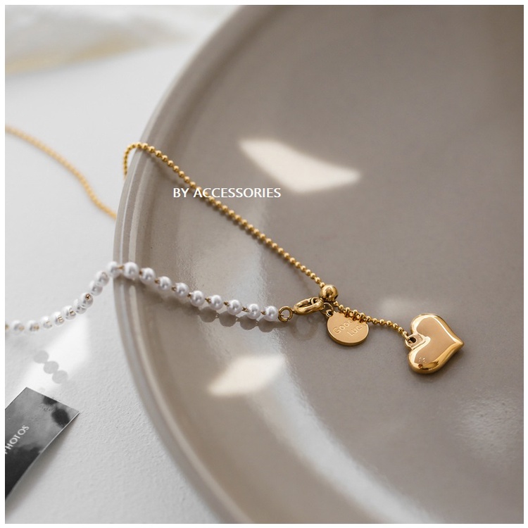 Dây chuyền titan chuỗi hạt ngọc dây bi phối trái tim không gỉ WN2114