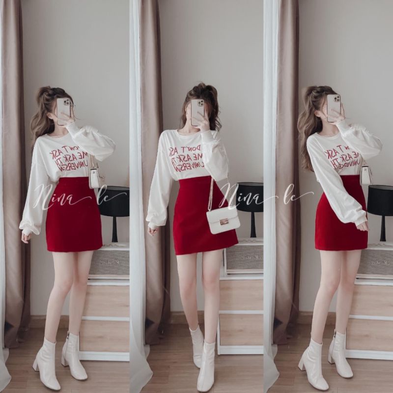 Set váy nữ áo thụng chữ phối chân váy nhung xinh xắn.Set váy nữ dễ thương, ấm áp.Set đồ đẹp, cao cấp.