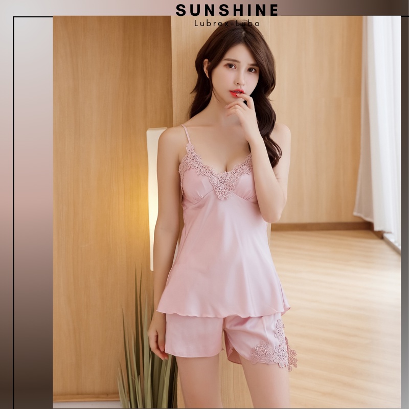 Bộ Đồ Ngủ Nữ Lụa Mặc Nhà Pijama Áo 2 dây  quần cộc có mút ngực dễ thương _SUNSHINE_BOCOCLUABONGHOA221