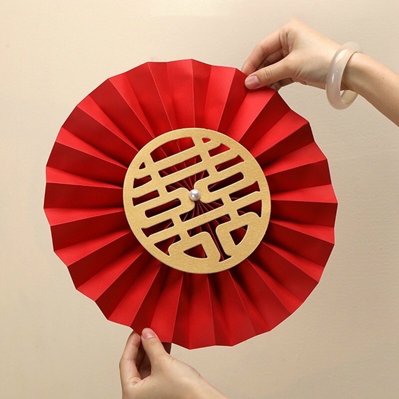 Set 6 cái quạt giấy đỏ treo tường, treo cầu thang dùng để trang trí phòng cưới, tiệc cưới