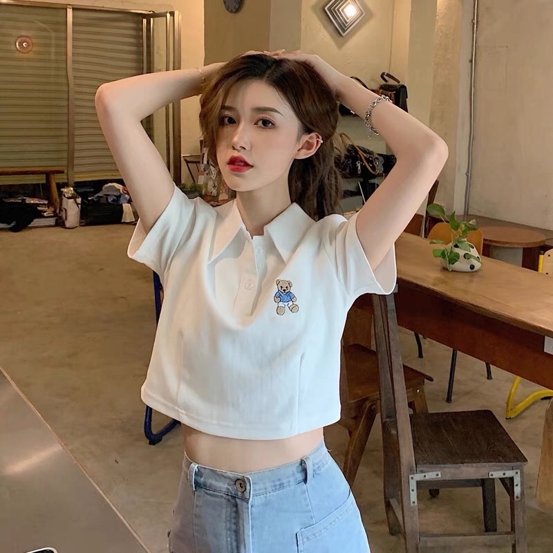 🍑Áo Thun Croptop Polo Cổ Trụ Ngắn Tay In Hình Gấu 🐻 Đáng Yêu - Mã: 459🍑 TV - Fashion
