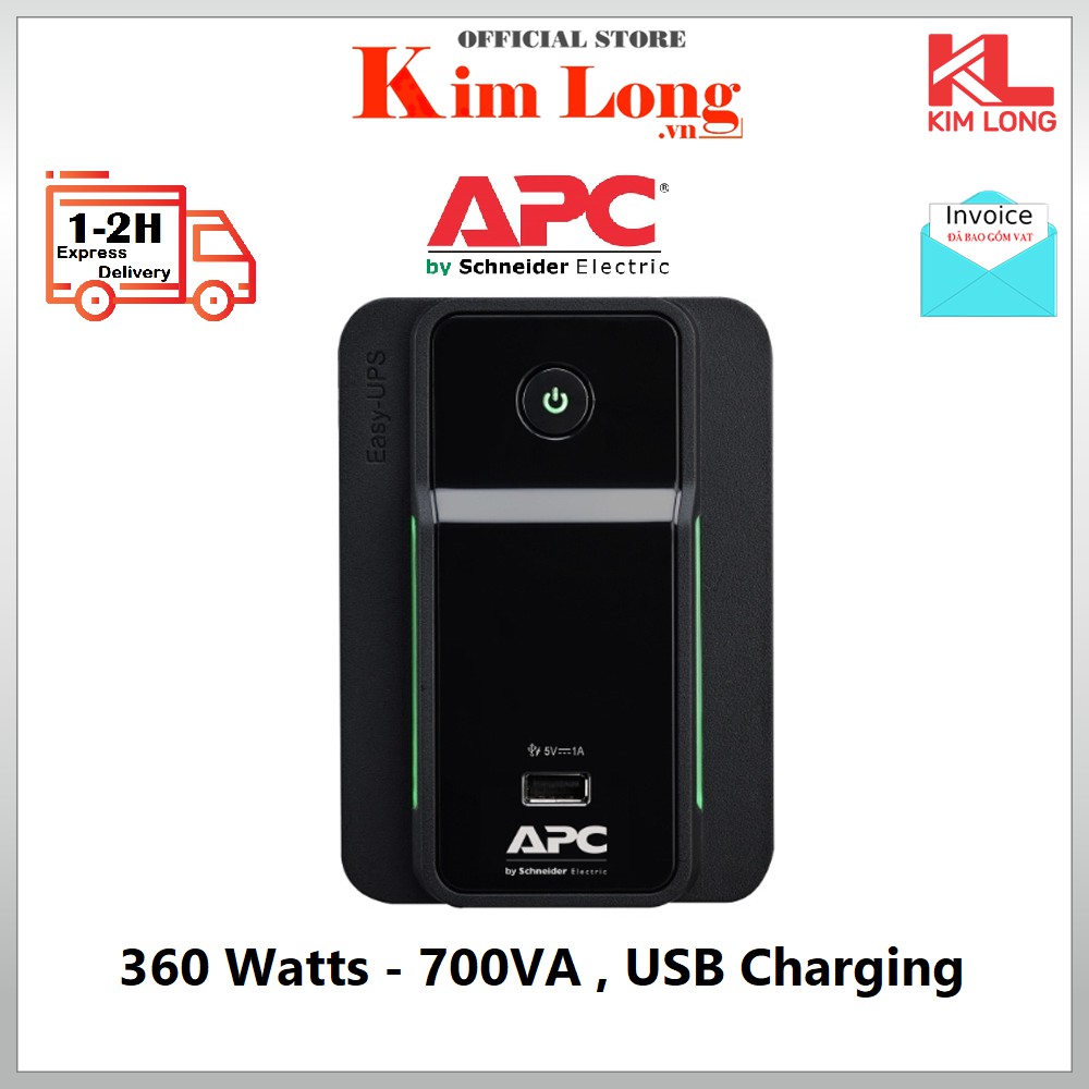 (Có Ắc Quy,BH 3 Năm) Bộ lưu điện UPS APC BVX700LUI-MS 360 Watts / 700VA , USB Charging - Chính hãng DIGIWORLD