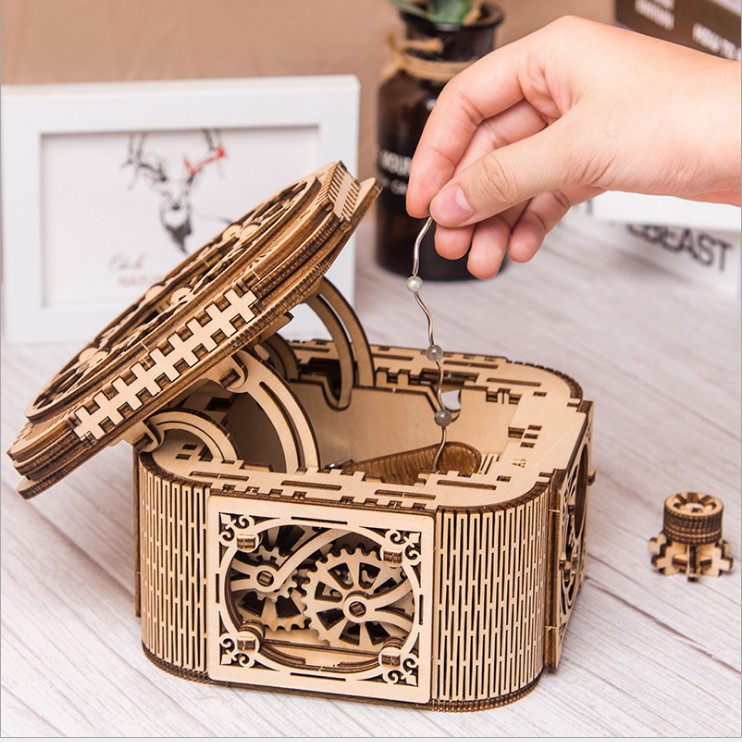 Đồ chơi lắp ráp gỗ 3D Mô hình Cơ động học Hộp kho báu Treasure Box MZK019