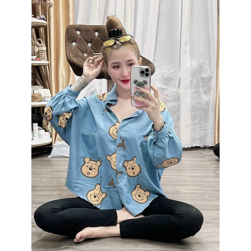 Set gấu sơ mi dài tay, quần legging ôm cho nữ mặc nhà, mặc ra ngoài, kín đáo, form đẹp