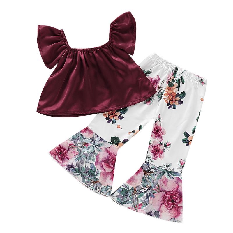 Mary☆ewborn Baby Girls Summer Off Shoulder Tops + Flared Floral Pants Outfits Set