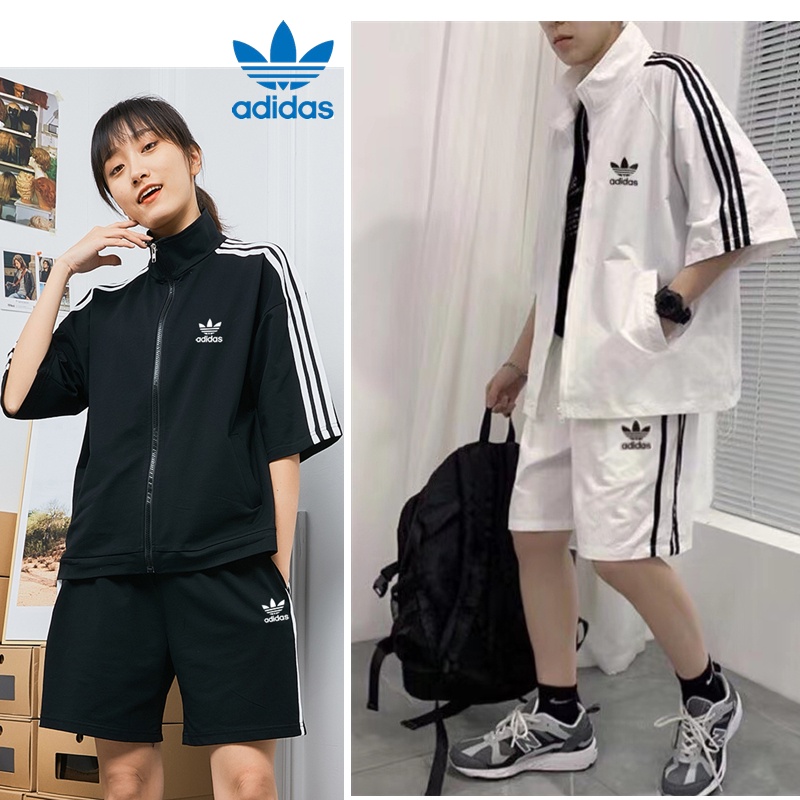 Set áo thun ngắn tay cổ tròn + quần short in logo Adidas thời trang nam nữ