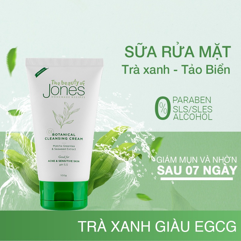 [Mã 2712FMCGSALE giảm 8% đơn 500K] Sữa rửa mặt da mụn nhạy cảm từ trà xanh tảo biển The Beauty of Jones