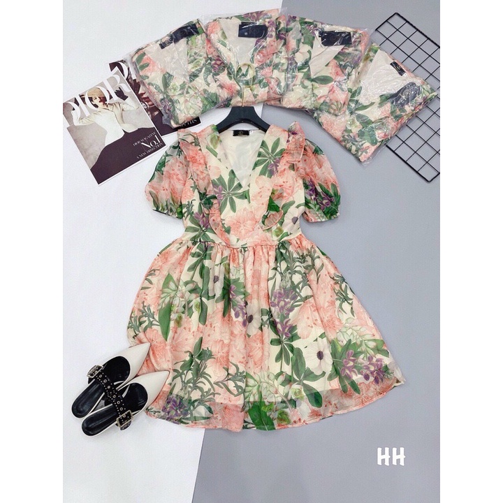 V103 Váy nữ, đầm hoa nữ vải voan 2 lớp thiết kết cổ V xòe bồng 7.beautiful
