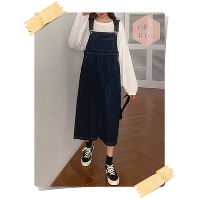 Váy yếm dài Yếm váy Yếm bò dáng dài FIRST DATE màu xanh đậm denim Yếm jean nữ hiện đại năng động | BigBuy360 - bigbuy360.vn