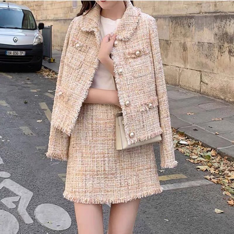 Set dạ tweed trắng kem